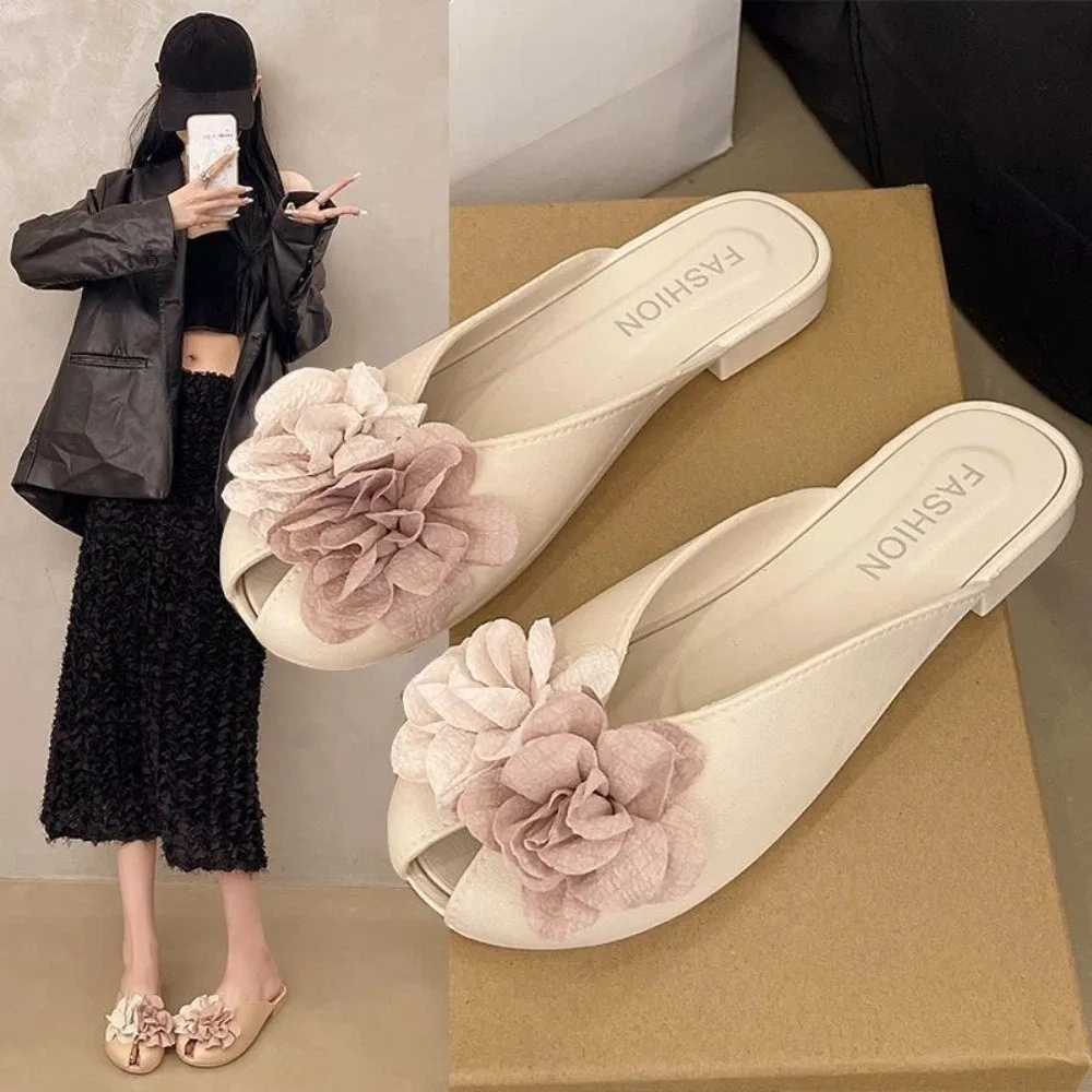 3D Flowers Women's Slippers Sweet Non-Slip Summer Beach Sandals French Style Versatile Platform Slippers Everyday Outfits