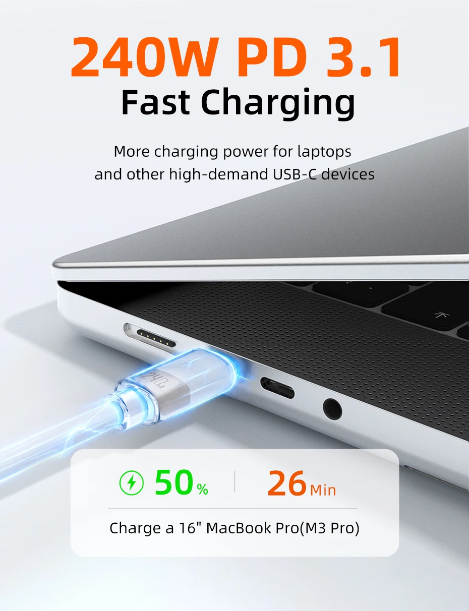 CABLETIME 240W USB-C-Kabel, Typ-C-Kabel, PD 3.1 Schnellladekabel für Xiaomi, Samsung, Laptop, MacBook Pro, iPhone 17/16 – Detail 3