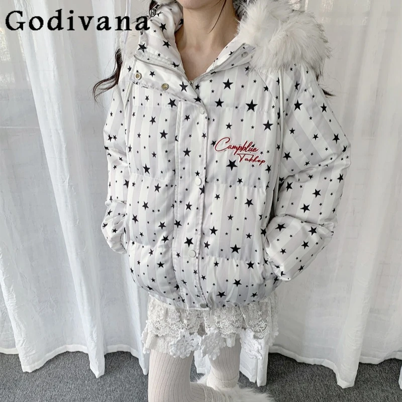 

Winter Print Star Striped Parkas for Women Large Fur Collar Cotton Cute Coat Female Warm Versatile Puffer Cotton Parkas