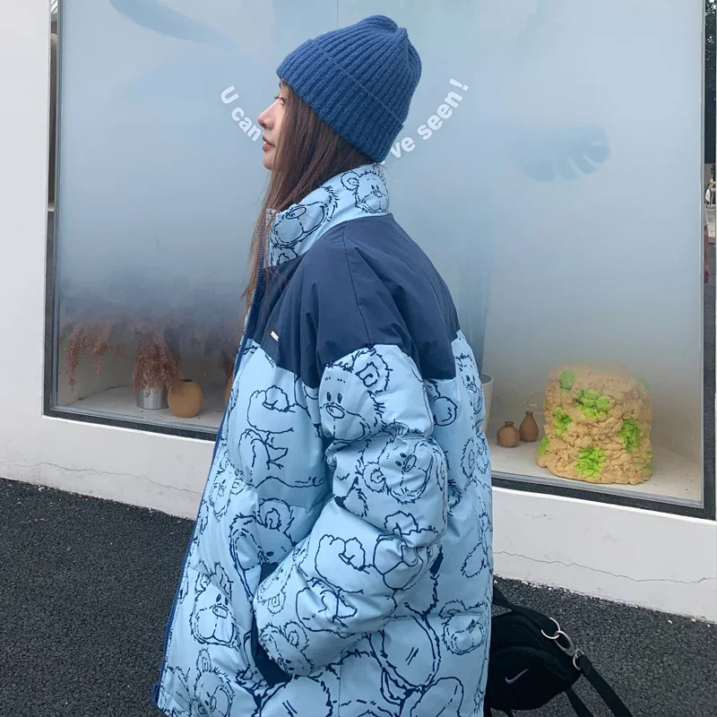 2022 Cartoon Bear Print Down Jacket Women New Winter Thicken Oversized Bubble Coats Japanese Loose Crop Puffer Jacket Woman