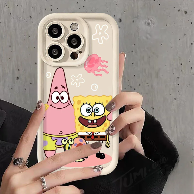 Lovely SpongeBobs Silicone Phone Case for iPhone 14 15 Pro Max 13 12 11 X XS XR 7 8 Plus SE 2020 Shockproof Matte Back Cover