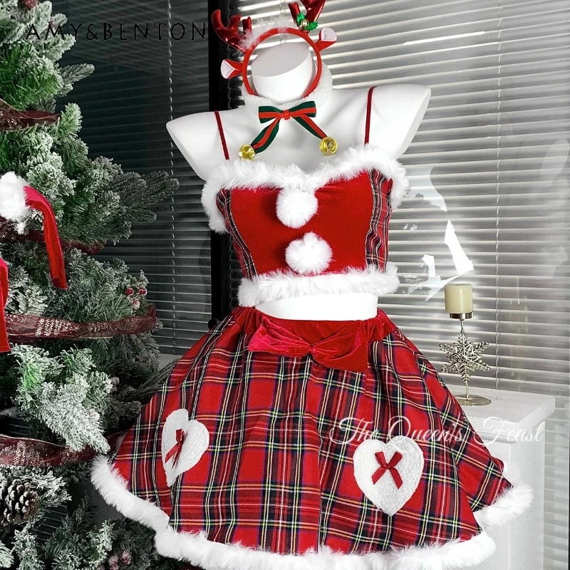 

Christmas Outfit 2025 Winter New Red Velvet Grid Splicing 2-Piece Sweet Cool Sexy Short Skirt Uniform Hot Girl Group Set Ladies