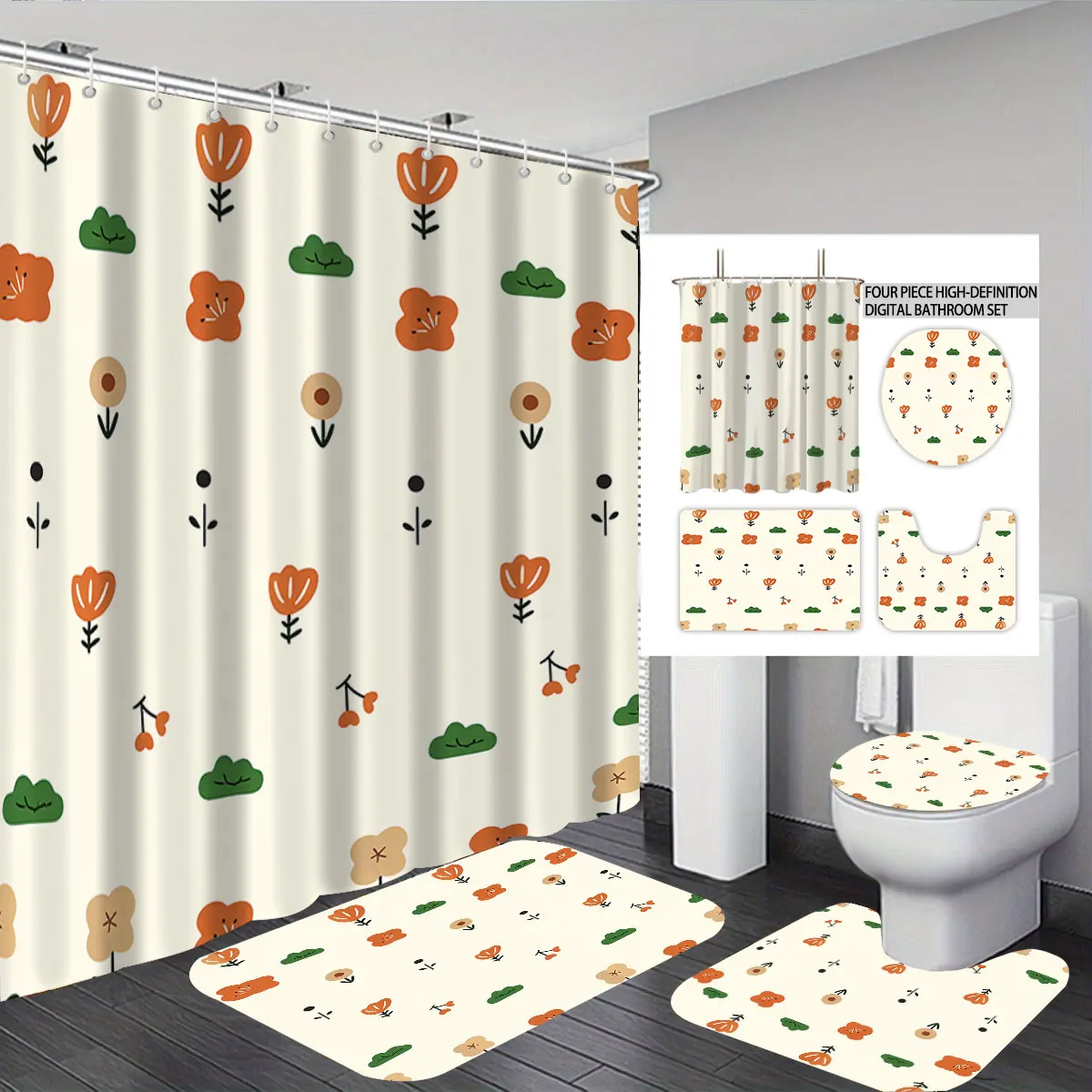 

4PCS Fresh Hand-painted Small Floral Grass Bathroom Set Shower Curtain Toilet Lid Cover U-Shaped Rug Bath Mat