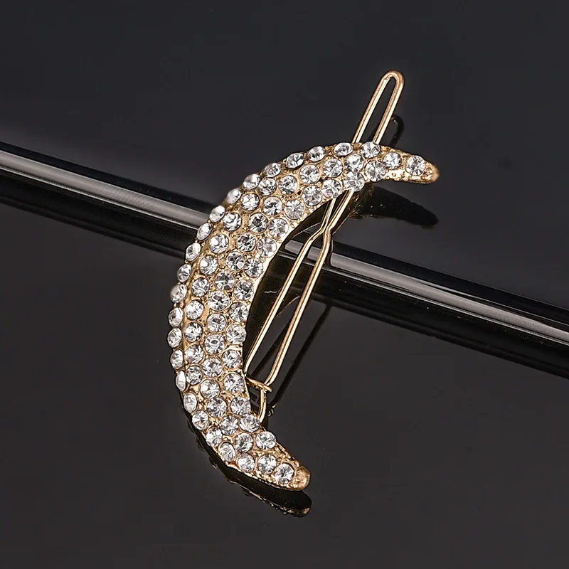 Gold Silver Color Diamante Moon Hair Barrette Sparkly Full Crystal Clip For Girls Women Jewelry Accessories