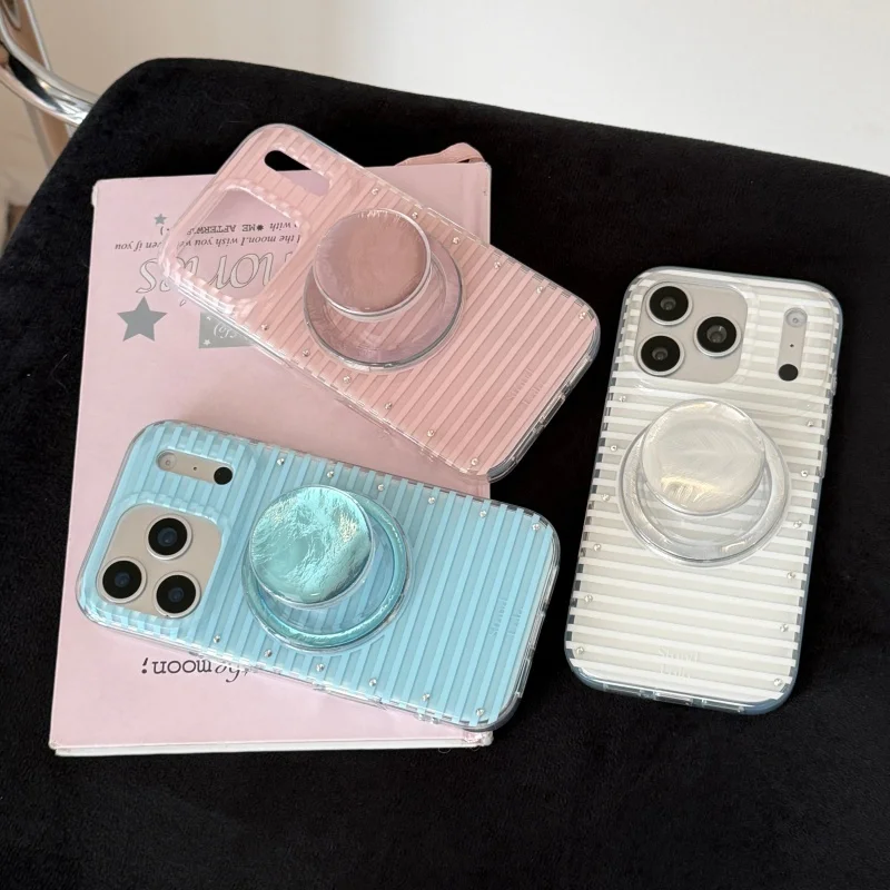 

Ins Simple Soild Color Stripes Magnetic Phone Case For iPhone 17 Pro 16 15 14 Pro Max Cover with Holder For Magsafe Protective C