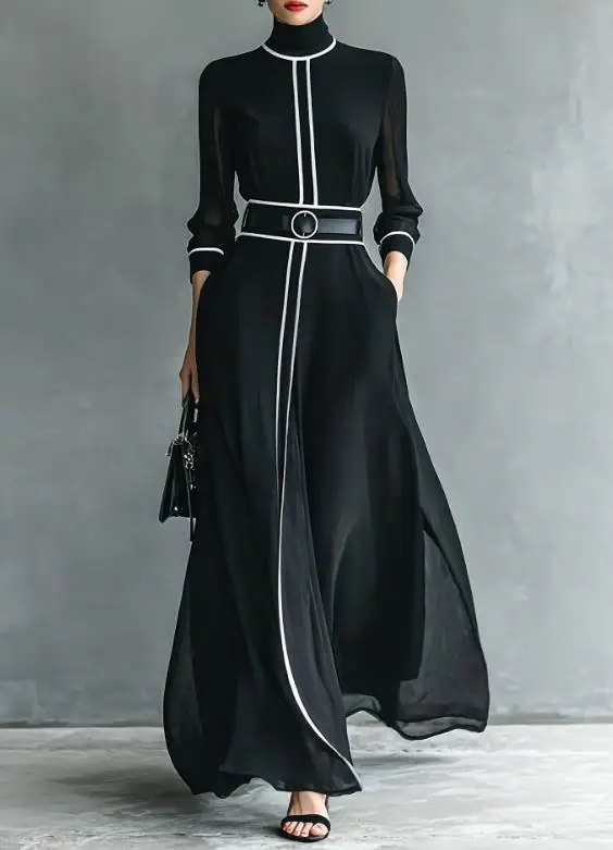 

Womens Dresses 2026 Spring Autumn New Fashion Contrasting High Neck Long Sleeved Pocket Design Mesh Chiffon Temperament Dress