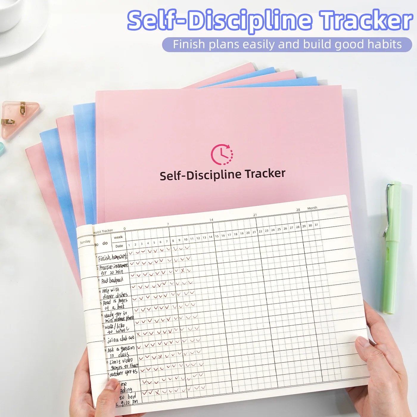Self‑Discipline Tracker Notebook Habit Planner Journal Daily Weekly Goal Tracker Log Book Sky Blue Sakura Pink for Students Home