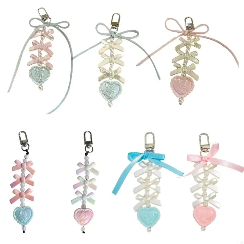 

2025 New Heart Bowknot Keychain with Pearls Retro Fashion Key Accessory Stylish Bag Charm
