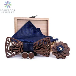 SOMESOOR Fashion Wooden Bowtie Set Handmade Handkerchiefs Cufflinks Brooch Hollow Floral Bowknots Suit Mens Business Wedding