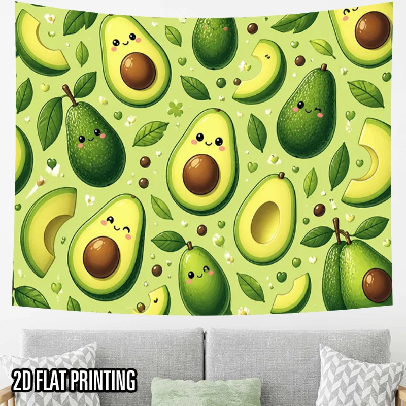 Cute Avocado Tapestry, Cartoon Fruit Wall Hanging, Green Kitchen Decor, Kawaii Dorm Room Background, Healthy Food Art