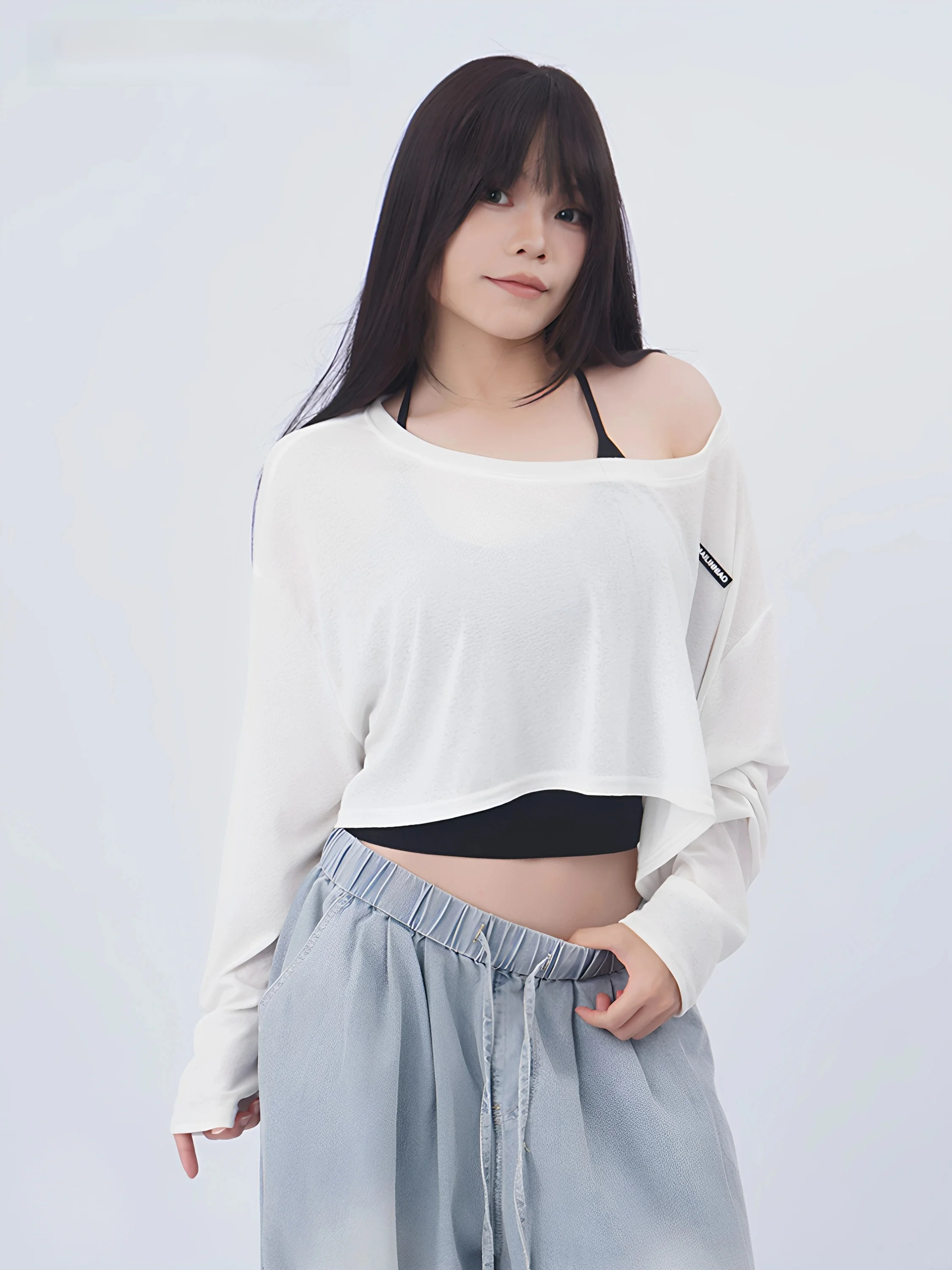 Hey Kooky Spicy Long Sleeve Cover up Women's Summer Loose Hip Hop Jazz Spicy Belly Top Sexy Style Pure Color Knitted T-shirt