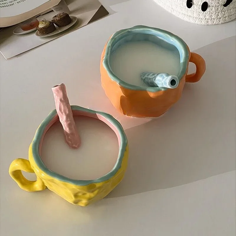 Straw Cup Connected Together,ceramic Water Mug,home Bizarre Feeling, Breakfast,mug, High-end Feeling,milk,coffee Cup,couple