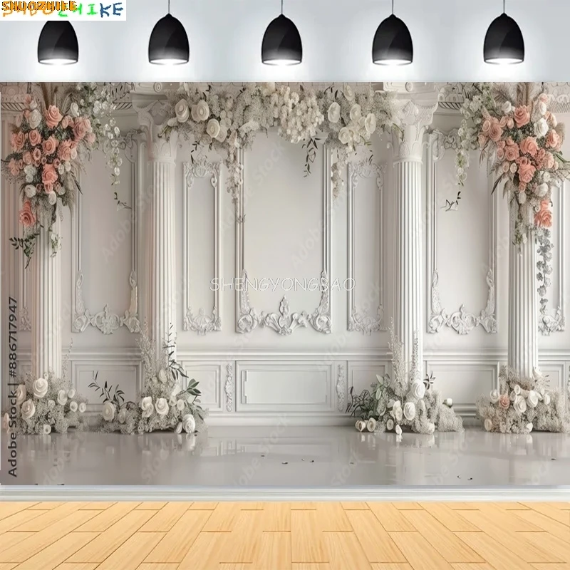 

Luxury Classic Interior Wall With Mouldings Photography Backdrops European Vintage Wood Wedding Photo Studio Backgrounds DX-03
