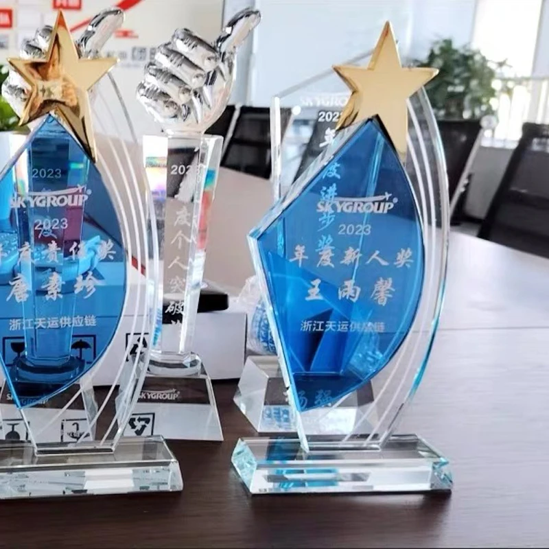 Customized Blue Crystal Trophy, Creative Annual Meeting Event Award, Excellent Souvenir Commemorative Gift, Home Decoration, 1Pc