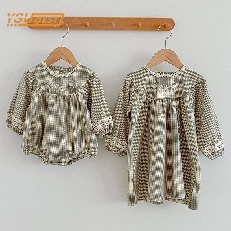 

Autumn Kids Baby Girls Long Sleeve Embroider Grid Sisters Dress New Infant Baby Girls Clothes Newborn Baby Girls Rompers