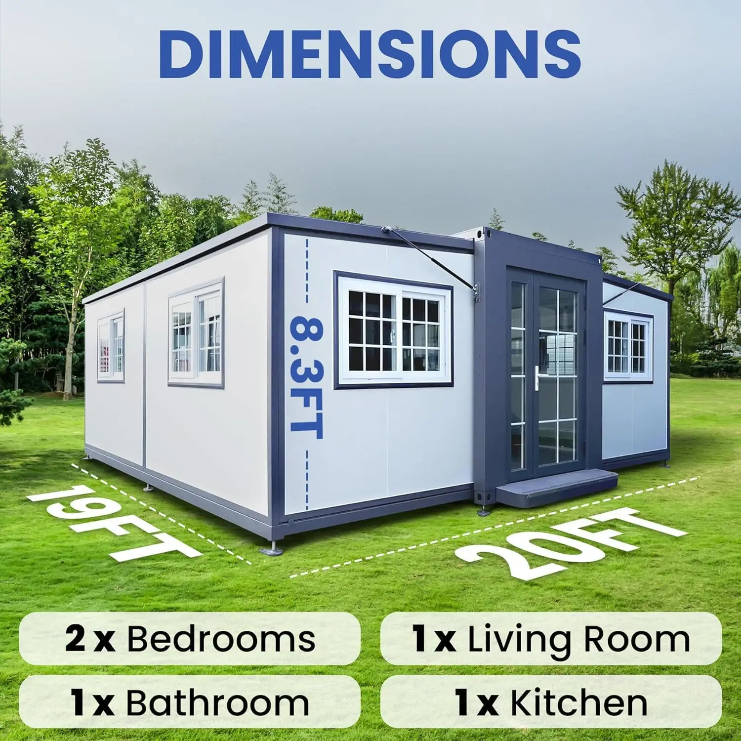 Portable Prefabricated Tiny House - 20ft Foldable Expandable House, 40ft Mobile Modular Tiny House with Bathroom, Quick Assembly