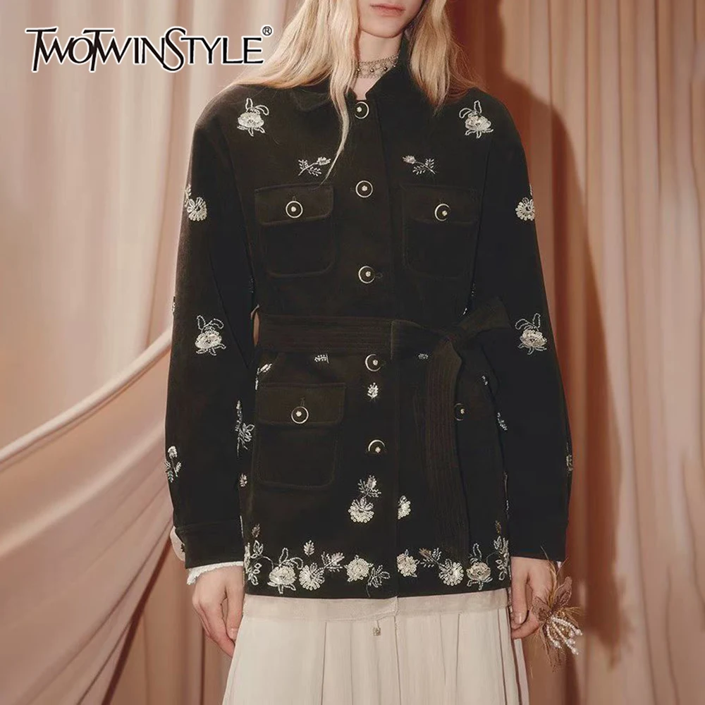 

TWOTWINSTYLE Solid Spliced Beading Jacket Female Lapel Long Sleeve Patchwork Lace Up Streetwear Women's Jackets Autumn Fashion