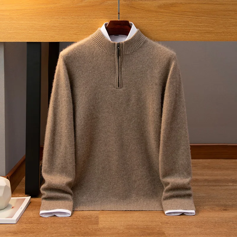 Zipper autumn and winter new 100% cashmere men's half turtleneck loose sweater slim warm knit solid color long sleeve top