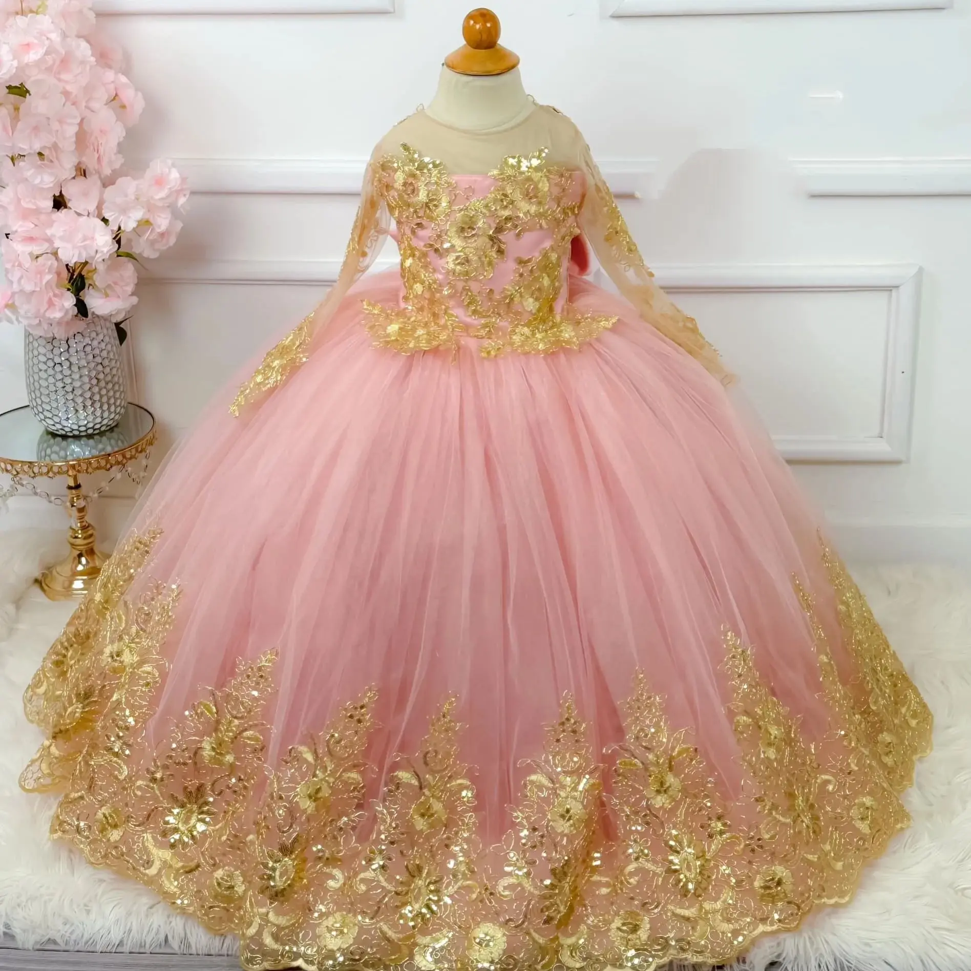 

Long Sleeve Flower Girl Dress Ball Gown Lace Appliqued Kids Wedding Dress Baby Girl Dress Birthday Dress for Princess