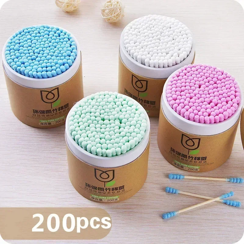 100/200Pcs/Box Various Colors Bamboo Baby Cleaning of Ears Cotton Swab Wood Sticks Soft Cotton Baby Mother And Baby Care Tools