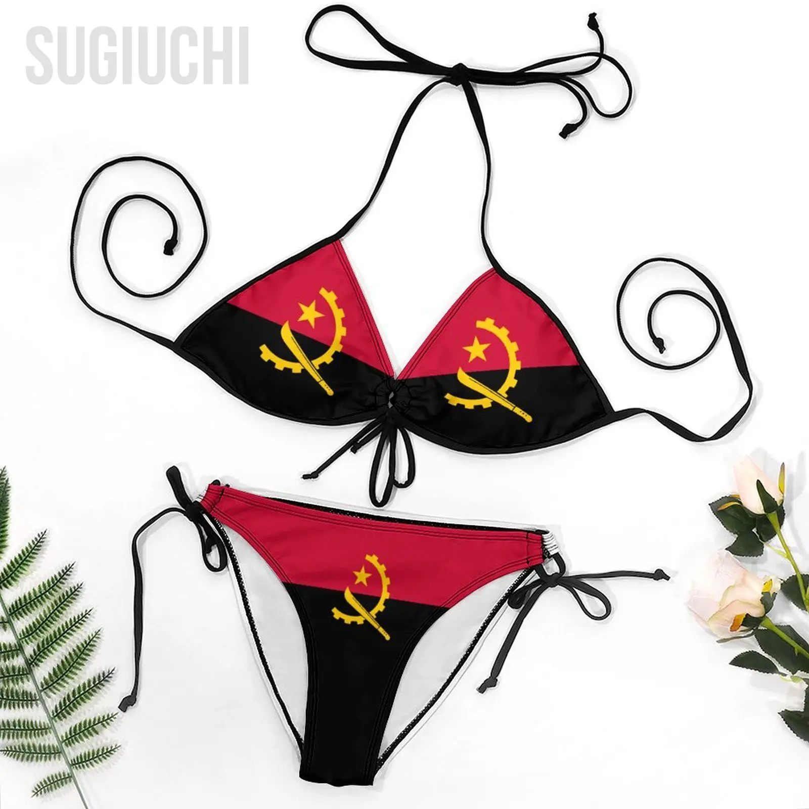 Women Angola Flag Bikini Swimsuit Sets Three Point Beachwear Swimming Bathing  Beach Party Suits