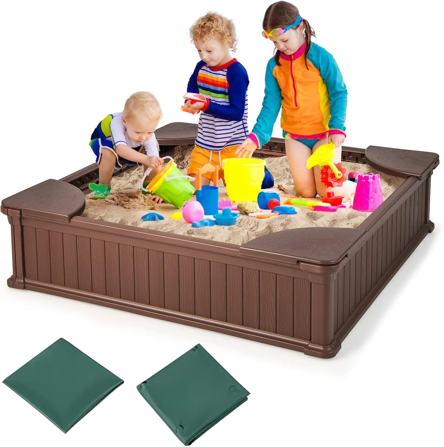 

Kids Sandbox with Cover, 48x48 Inch Large Sand Pit for Backyard, 4 Corner Seats & Bottom Liner, Sand Protection, All Weathe