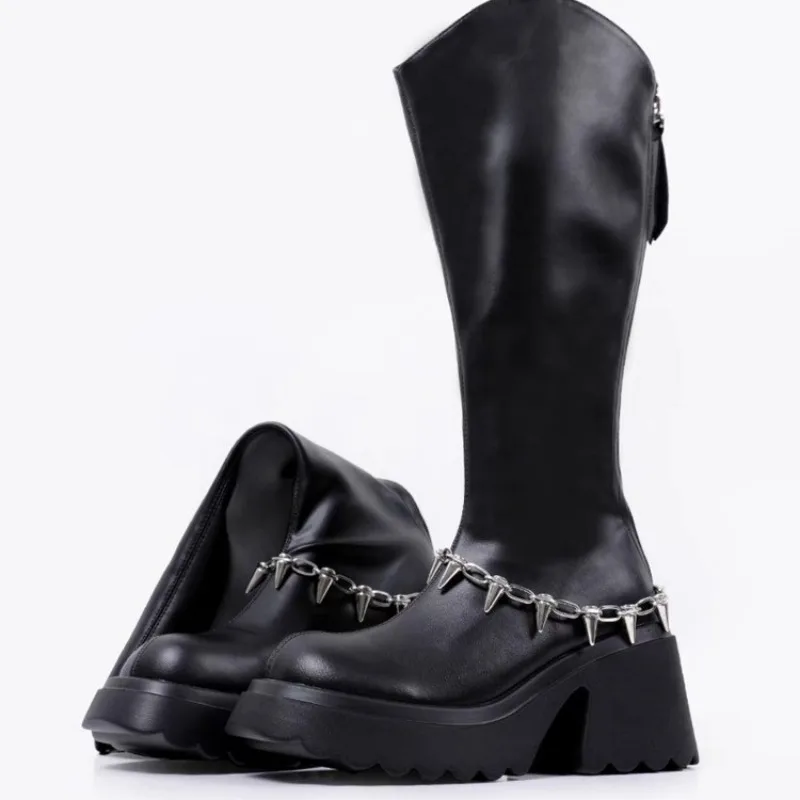 Botas femininas goth sapatos mulher tendência luxo joelho alta plataforma grosso saltos pretos moda sexy confortável longa corrente de metal punk