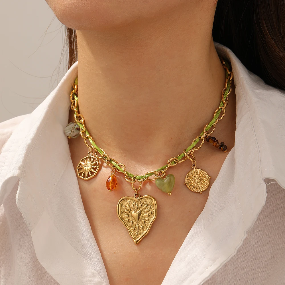 

LAMENGLY 316L Stainless Steel Dual Chain Design Geometric Sun Face Heart Disc Pendant Necklace Women Novel Chic Neck Chain Gifts