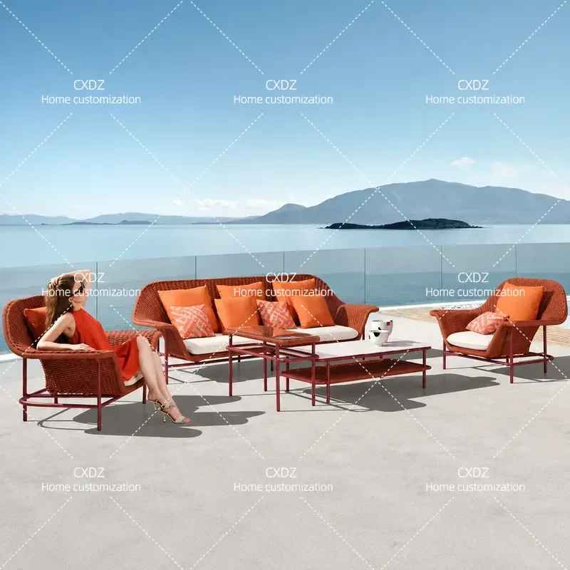 Nordic Outdoor Rattan Sofa Chair Waterproof Sunproof Courtyard Hotel Villa Open Air Leisure Rattan Chair Coffee Table Set