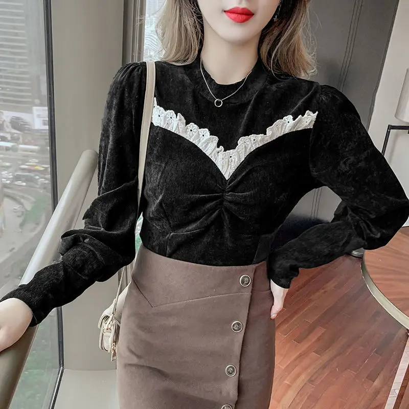 

Autumn Winter Fashion Elegant Solid Color Spliced Tops for Female Korean All-match Half High Collar T-shirt Women's Clothing