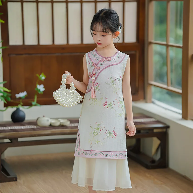 

Retro Chinese Style Sleeveless Qipao Children Girl Traditional Cheongsam Hanfu Dress Kids Princess Perform Costume Birthday Gift