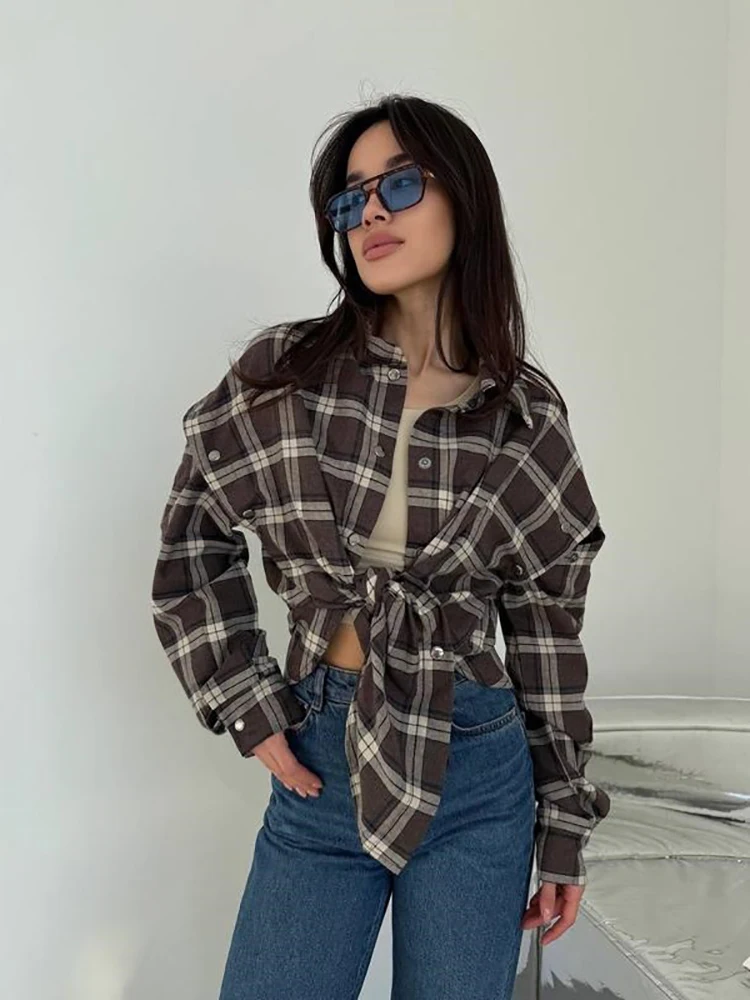 Trendy Lapel Collar Plaid Oversized Shirt Detachable Button Cut Out Long Sleeve Loose Blouse Women Casual Daily Streetwear Tops