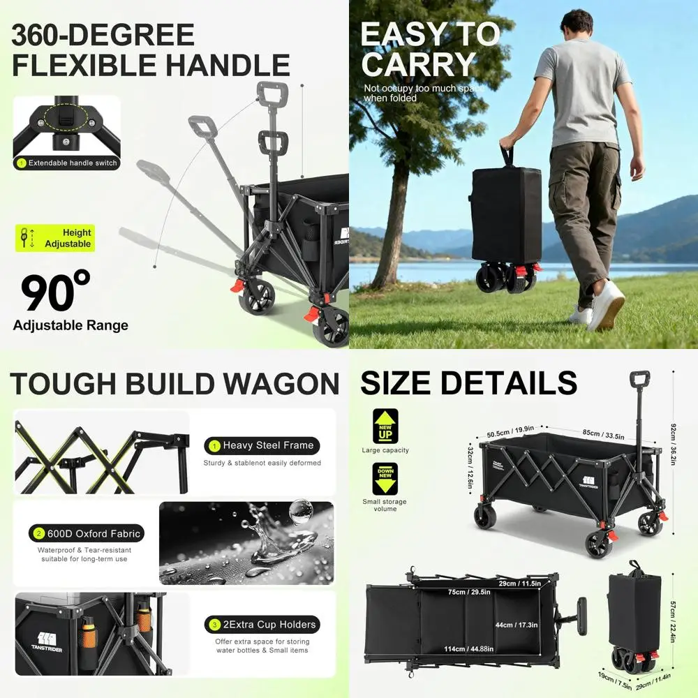 

Heavy-Duty Collapsible Utility Wagon with Extendable Tailgate, 155L Capacity for Beach, Picnic, Camping (Black)