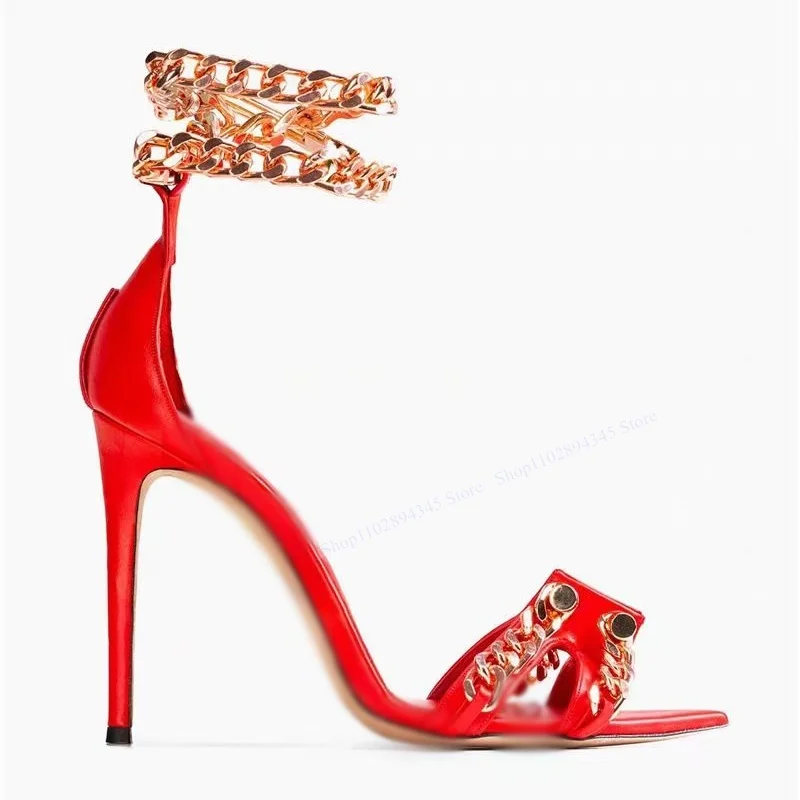 Red Chain Peep Toe Sandals Cover Heel Thin High Heel Buckle Cool Fashionable Sexy Summer Big Size Woman Shoes Zapatillas Mujer