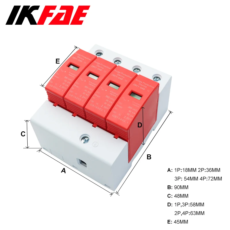 IKFAE AC SPD 1P 2P 3P 4P 30KA ~ 60K AC 385V Casa Protector contra sobretensiones Protección Dispositivo pararrayos de bajo voltaje