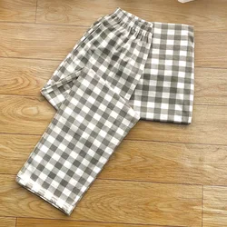 Summer Spring Knitted Cotton Mens Plaid Sleepwear Trousers Loose Soft Long Pants Homewear Breathable Male Lounge Sleep Bottoms