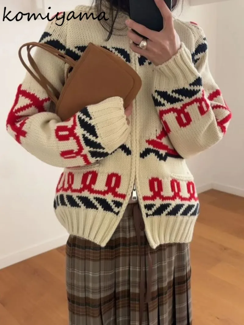 Sailboat Hit Color Jacquard 2025 Woman Sweater Loose Zipper Outerwears Knitted Ropa Mujer Autumn Winter Pullovers Warm Sueter