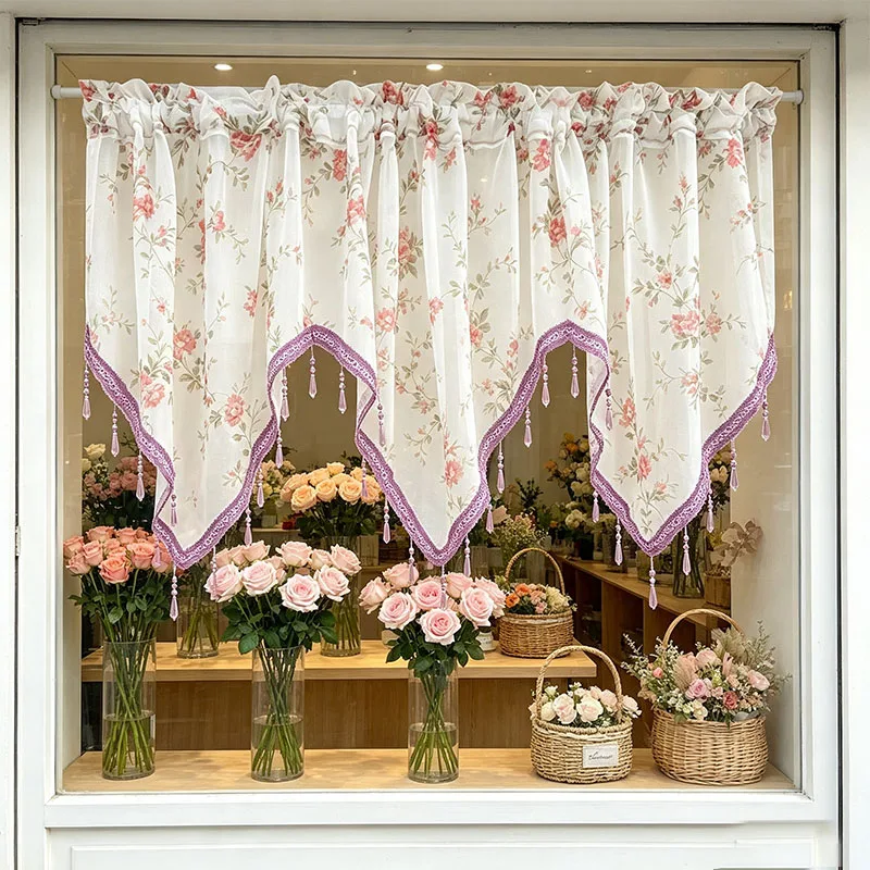 1pc Romantic Climbing Rose Bloom Semi Sheer Short Curtain, Terilon Fabric Floral Print Window Drape with Triangle Tassel Lace