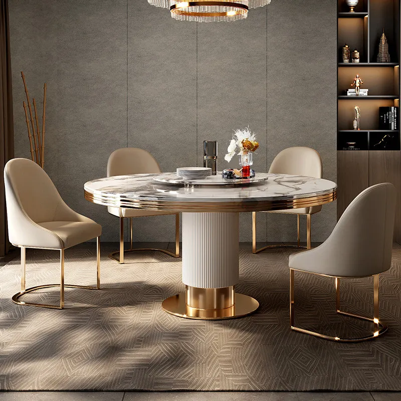 Elegant Light Luxury Marble Dining Table Set with Lazy Susan Round Dinner Table for Villa Home Fits Small & Large Living Spaces