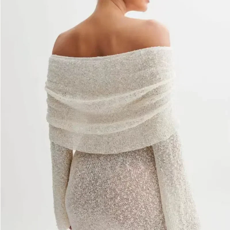 セクシーなオフショルダーミニニットドレス女性のためのシースルー長袖弾性女性ドレス夏のファッション女性 Vestidos