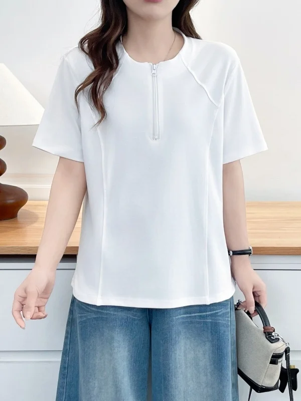 Korean Style round Neck Half Zipper Slimming Short Sleeve T-Shirt Women's Summer plus Size Fashionable Top High Waist Loose Fit