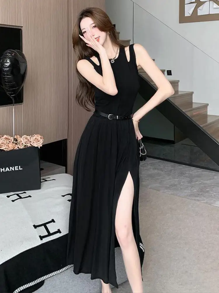Zwart Elegant Vest Split Jurken Zomer Mouwloze Kleding Voor Vrouwen Vakantie Strandavond Feestjurk Vestidos Dames Mode