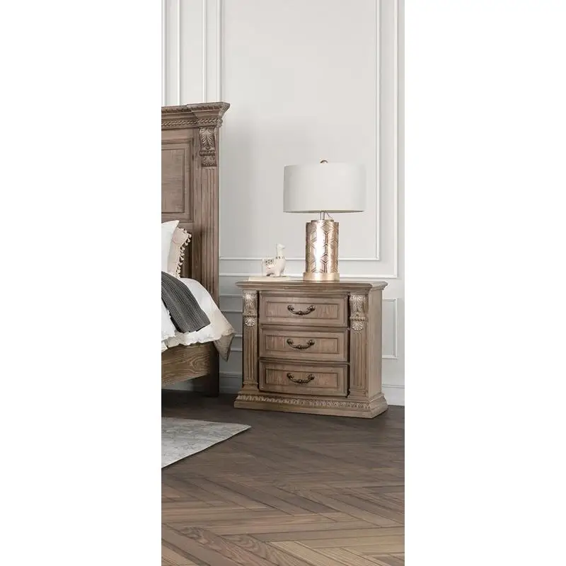 Table de chevet traditionnelle luxueuse, 1 pièce, finition chêne patiné, Design incurvé, Table de chevet en bois massif