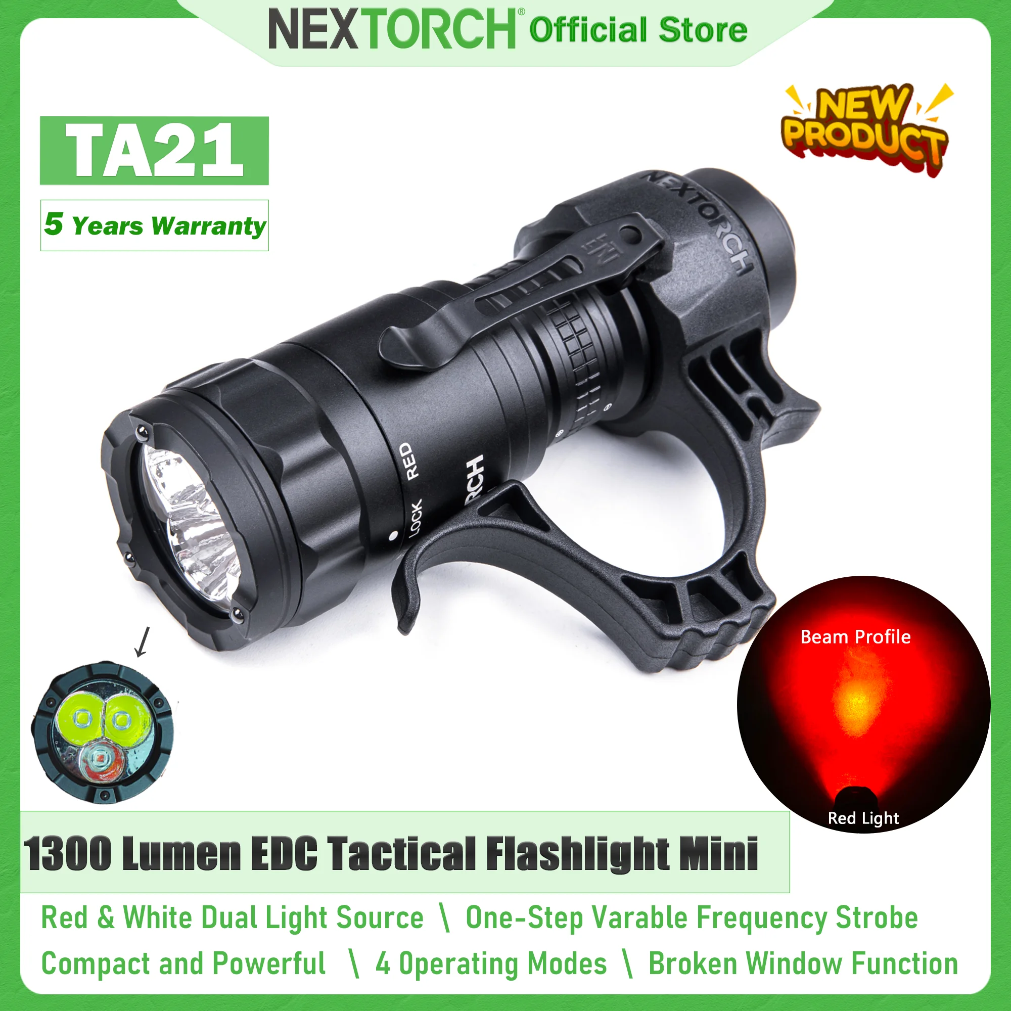 NEXTORCH TA21 Tactical flashlight, red and white light source, 1300 lumens high brightness flashlight, EDC high power flashlight