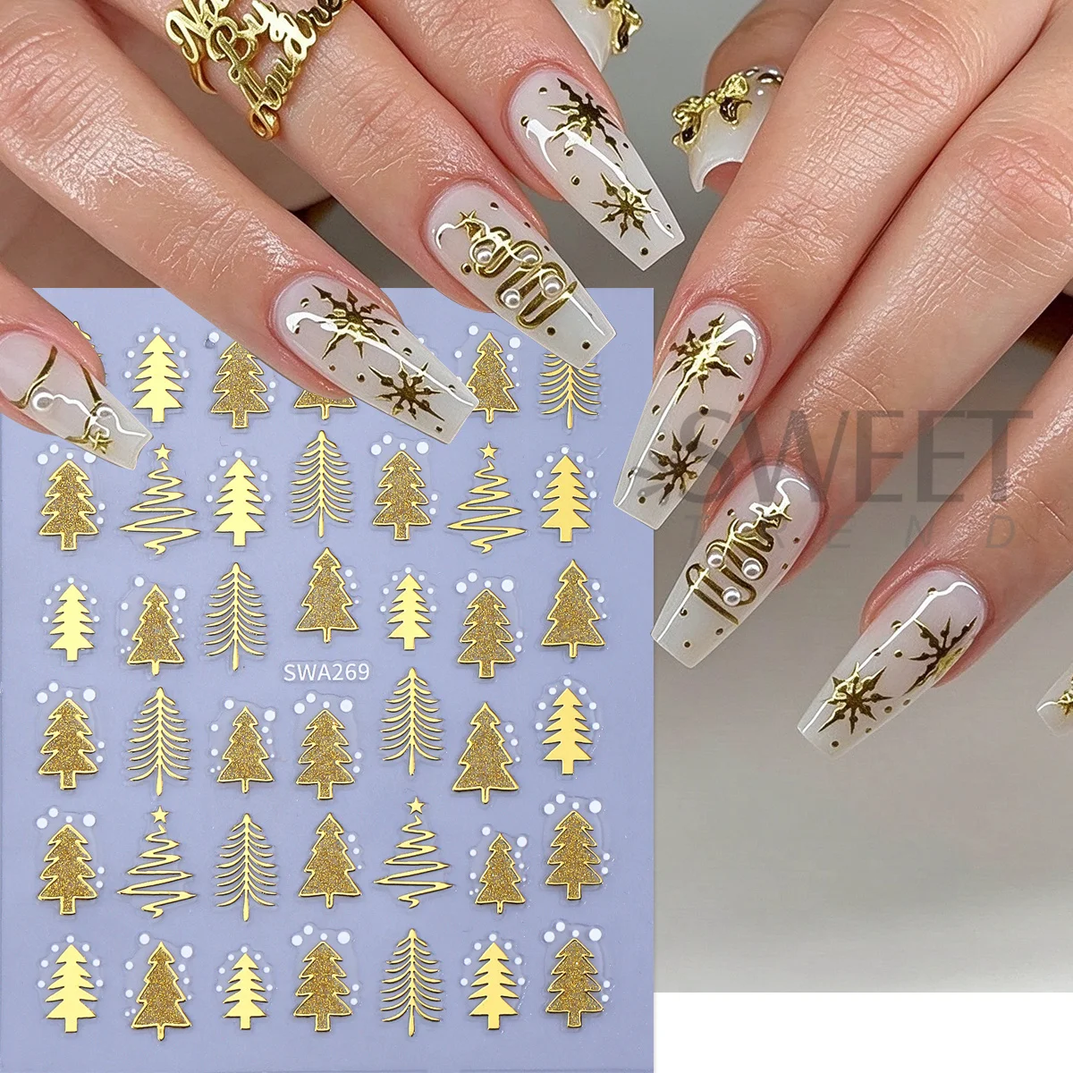 2pcs Sparkling Gold Christmas Nail Stickers Metal Simple Adorable Xmas Tree Bow Gingerbread Man Snowflakes Winter Manicure Decal