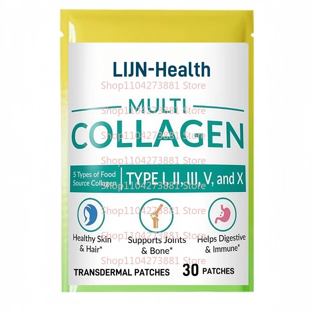 

30 патчей Multi Collagen Transdermal Patches с типами I, II, III, V и X для поддержки волос, кожи, ногтей и суставов.