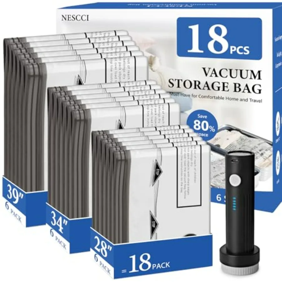 

Travel Vacuum Bags for Clothing with Rechargeable Wireless Air Pump, 18 Pack Compression Seal Packing Bags for Luggage Suitcase