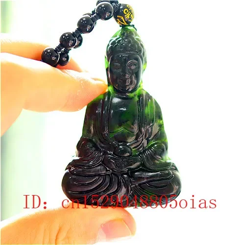 

Natural Black Green Chinese Jade Buddha Pendant Beads Necklace Charm Jewelry Fashion Accessories Carved Amulet Gifts for Men Her