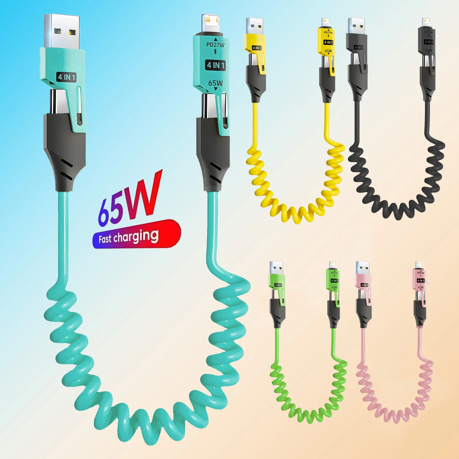 4 in 1 USB Type C Car Spring Fast Charging Cable 6A Micro USB Telescopic Short Lightning for iPhone iPad Samsung Xiaomi Huawei