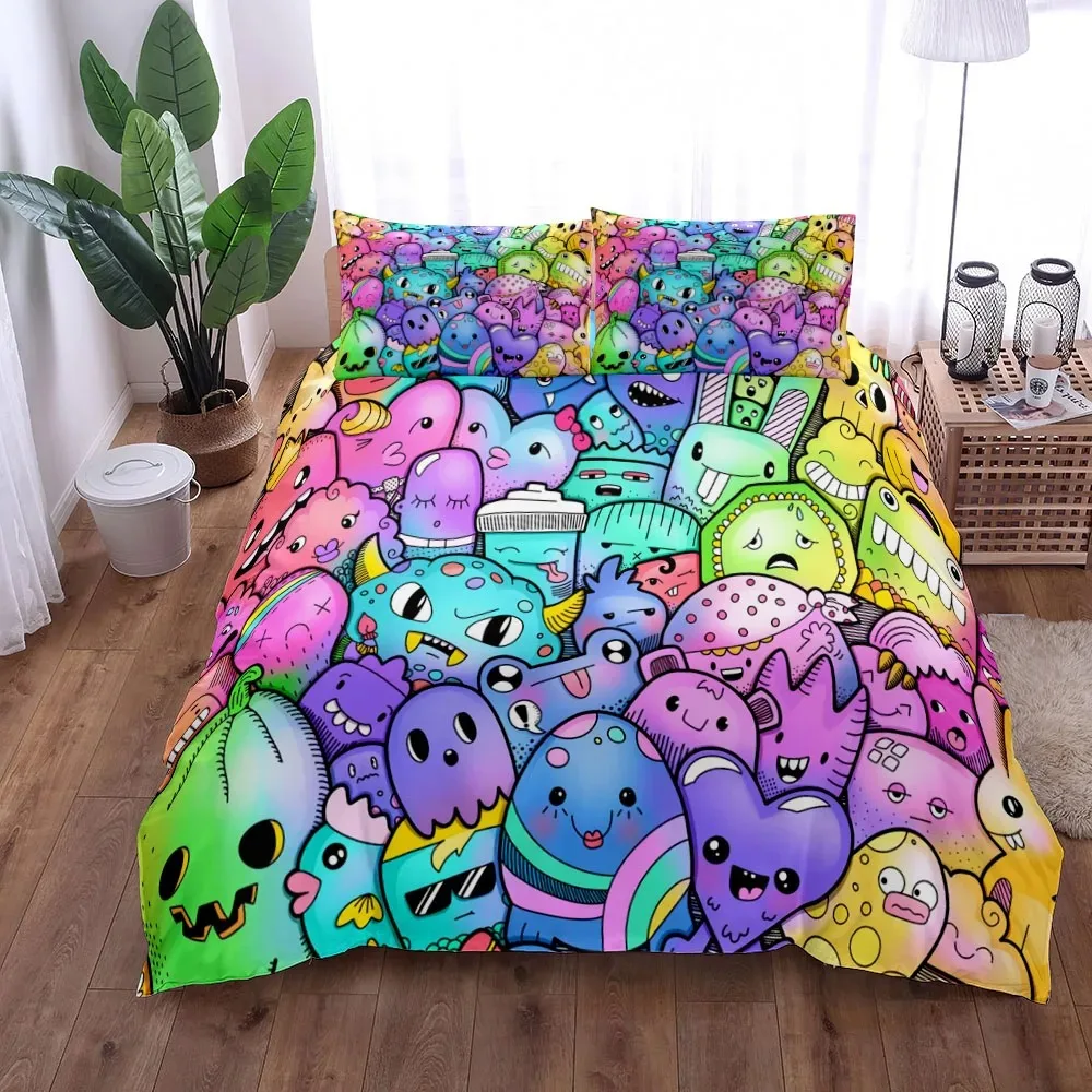 2024 Doodle Monster Party Duvet Cover Set King Queen Double Full Twin Single Size Bed Linen Set